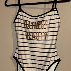 kate spade Black & White Striped One-Piece Swimsuit with Gold Logo